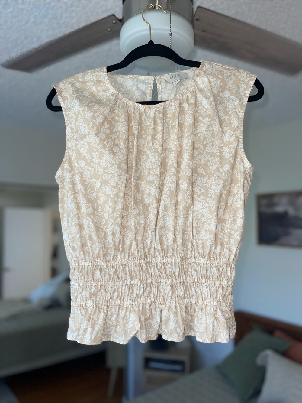 LOFT Cream Floral Sleeveless Smocked Waist Blouse